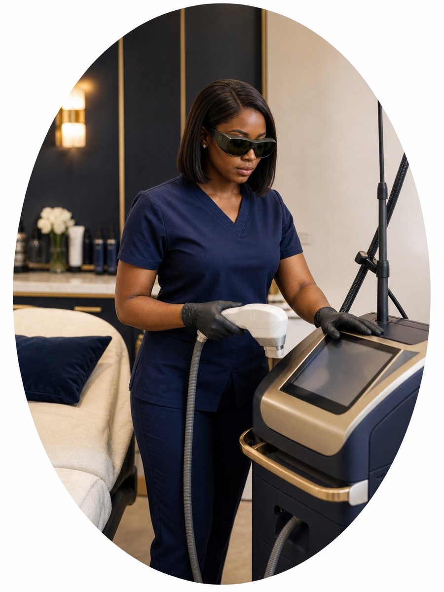 A clinician safely preparing a professional laser device